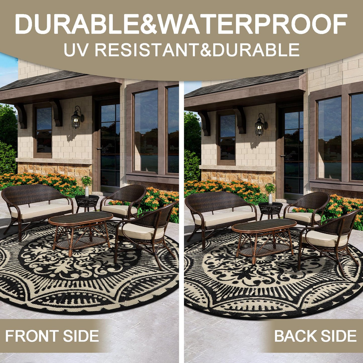 Capslpad 6x6 Floral Outdoor Rug for Patio Clearance Reversible Mat Round Portable Plastic Straw Carpet Waterproof Boho Outside Area Rug for RV Camping Picnic Tent Balcony Beach Deck, Black and Brown
