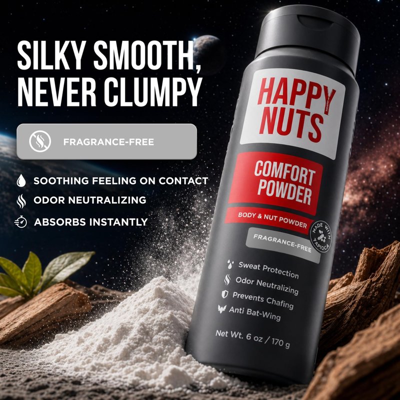 HAPPY NUTS Comfort Powder Deodorant For Men: Anti-Chafing, Sweat and Odor Control for Jock Itch, Aluminum-Free, 6 oz (1 Pack), Fragrance-Free