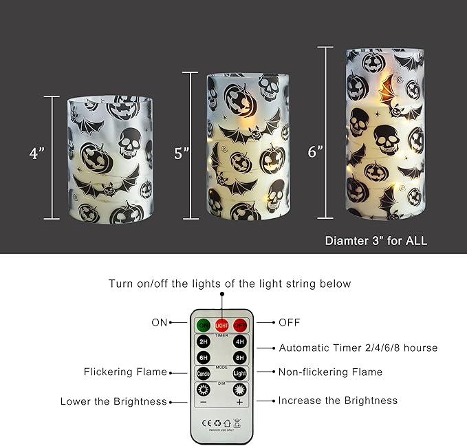 Flickering Flameless Candles Halloween Bat Embedded Star String Lights, Battery Operated Acrylic LED Pillar Candles with 11-Key Remote and Timer for Home Decoration, 3 Pack