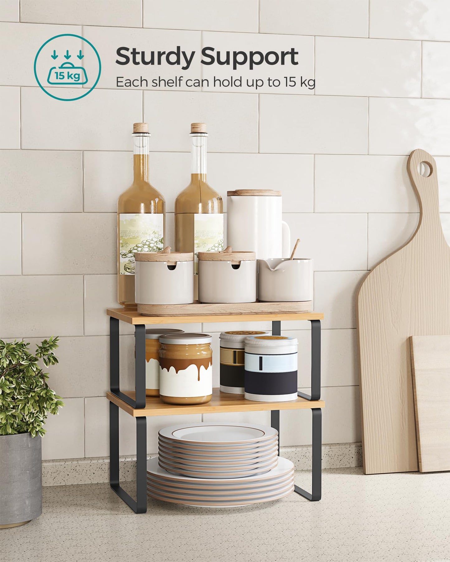 SONGMICS Spice Rack, Set of 2 Cupboard Shelf Organiser, Expandable Kitchen Shelf Organiser, Stackable Spice Holder, Metal and Engineered Wood, Black and Natural KCS02NB