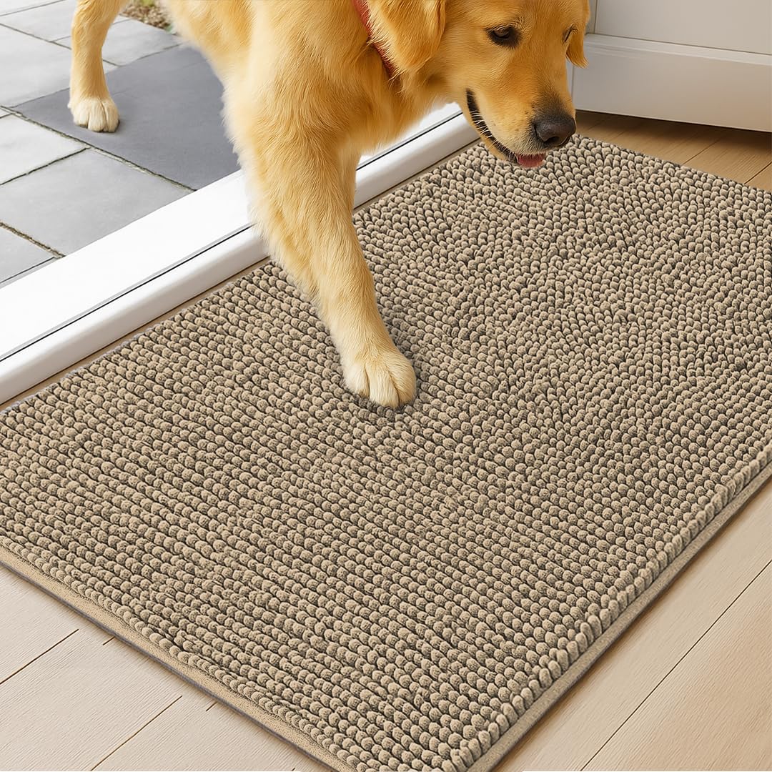 MUDGUARD MAT® Dog Door Mat for Muddy Paws, Super Absorbent Microfiber, Non-Slip Indoor Mat, Quick-Dry Chenille Rug for Pets & Entryway, Machine Washable, Beige 19" x 30"