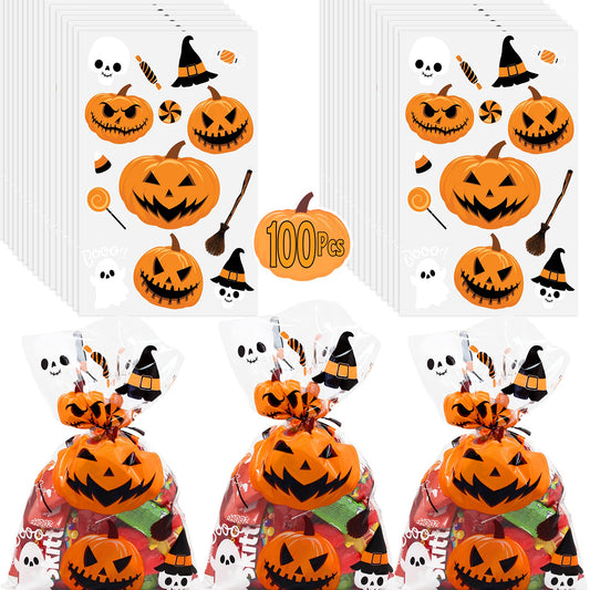 AnapoliZ Halloween Treat Bags | 100 pcs (6” x 9” Inch) |2.5 Mil Crystal Clear Cellophane Bags with Fun Scary Designs | Pumpkins, Witches Cello Bags | Halloween Party Decorations, Spooky Treat Bags