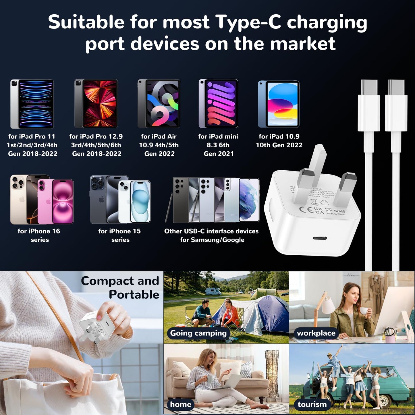 for iPhone 17 16 15 Fast Charger, 2Pack USB C Charger Plug 20W with 6FT USB C to C Cable for iPhone 17 16 15/ Plus/Pro/Pro Max, for iPad Pro/Air/Mini-USB C to C Charging