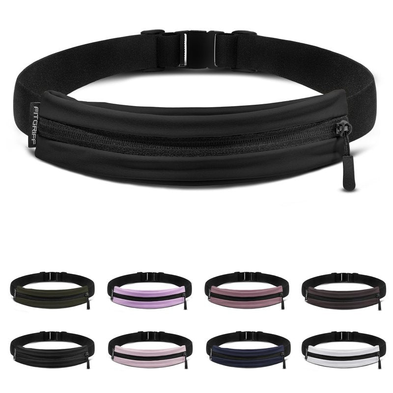Fitgriff® Running Belt V2 for Men & Women - Slim Fanny Pack, Phone Holder for Jogging, (Fits All Cell Phones) - Money Belt, Runners Waist Pouch (Black, One Size (Waist 24.4 – 43.3 inches))