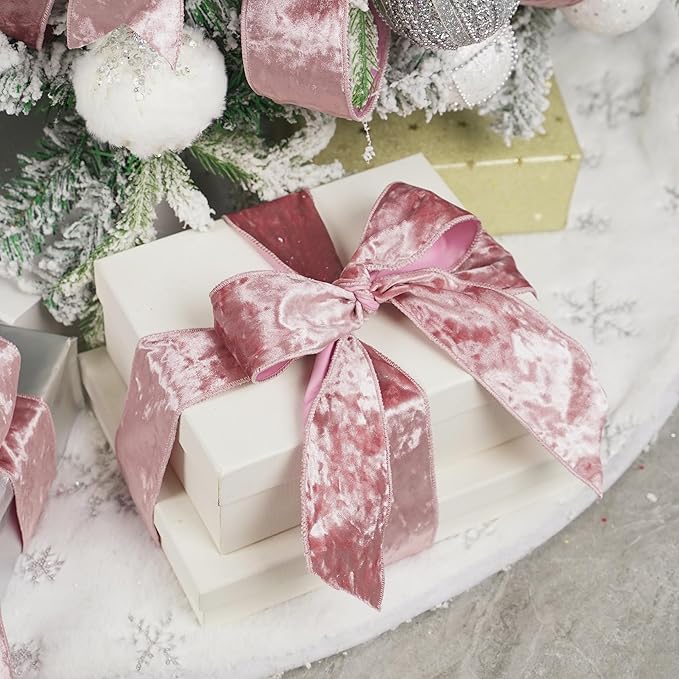 MEEDEE Dusty Rose Velvet Ribbon - 2.5 Inch Crushed Velvet Christmas Ribbon, 10 Yards for Tree Decoration, Wreaths, Crafts