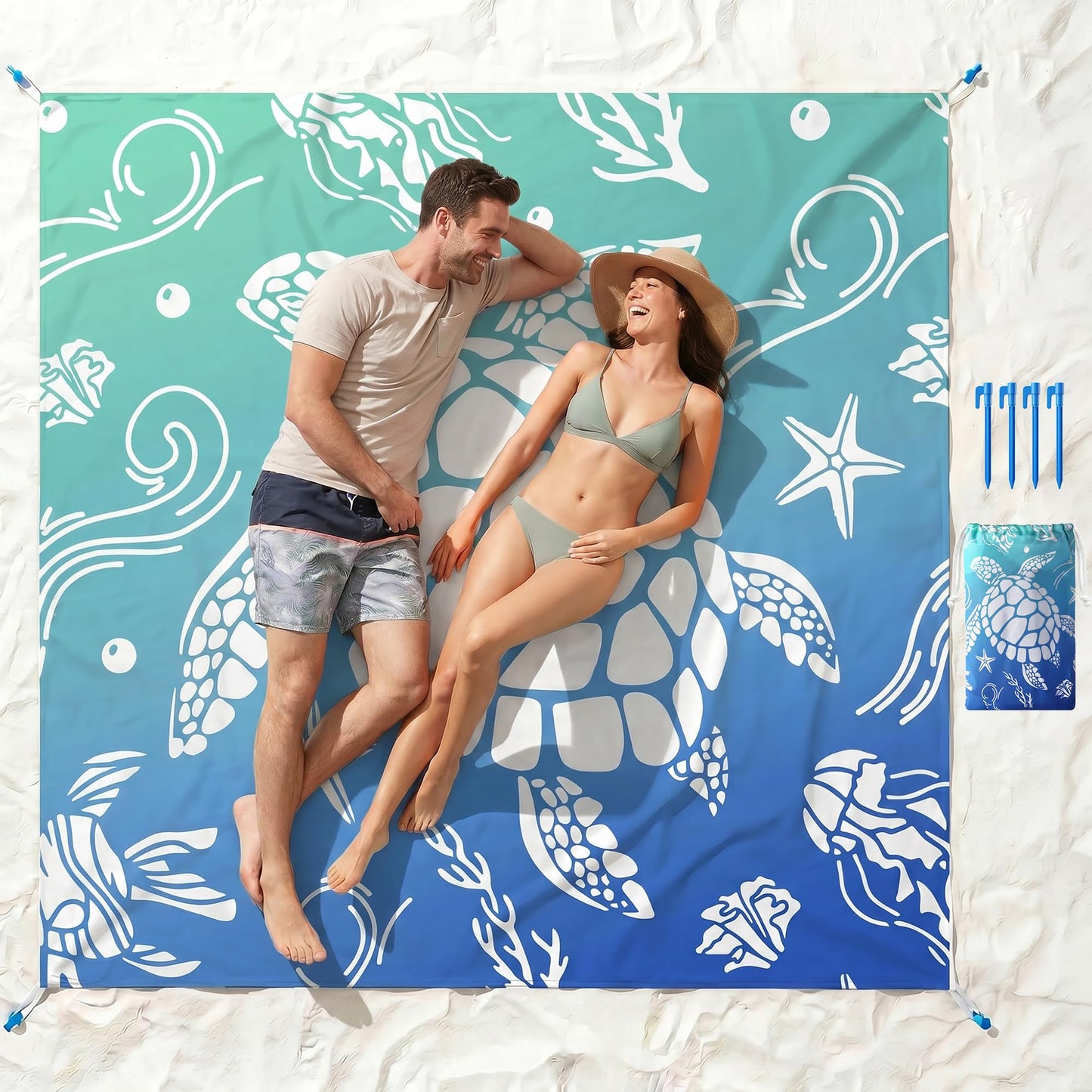 MelonBoat Beach Blanket: Blue Sea Turtle Beach Mat, 79''x83'' Large Sandproof Sand Free Waterproof Quick Dry, Lightweight Outdoor Rug for Trip Vacation Summer Travel Picnic Camping Pool Swim