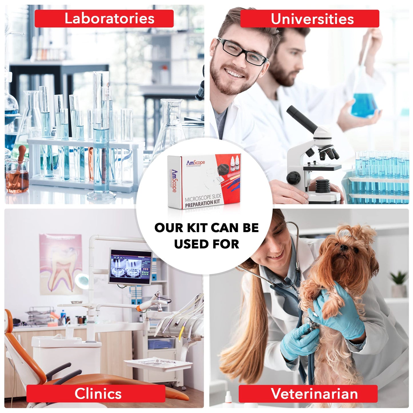 AmScope Microscope Slide Preparation Kit - Includes Blank Microscope Slides, Eosin Red & Methylene Blue Stain Powders, Tweezers, Swab & More - 22-Piece Kit