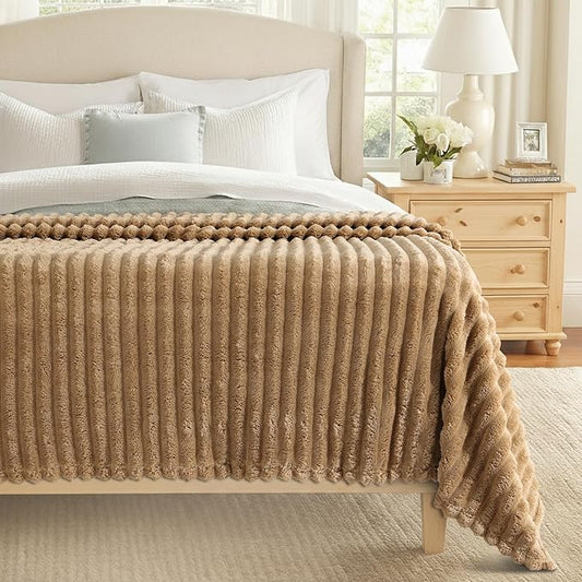 decorUhome Soft Fleece Brown Blanket Queen Size for Bed, Cozy Fluffy Plush Flannel Large Striped Throws for Couch Sofa, Lightweight Decorative Fuzzy Blanket for Woman, 90x90 Inches