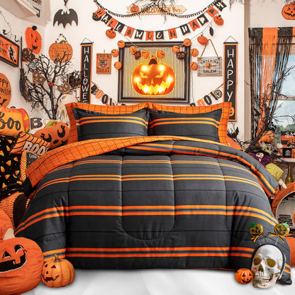 Flysheep Boho Striped Halloween Bed in a Bag 6 Pieces Twin Size, Ombre Bright Orange Stripes on Black Comforter Sheet Set (1 Comforter, 1 Flat Sheet, 1 Fitted Sheet, 2 Pillow Shams, 1 Pillowcase)