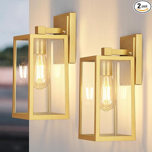 PARTPHONER Exterior Lighting Fixtures, Porch Light Outdoor, Waterproof Exterior Light Fixture, Anti-Rust Wall Sconce with Clear Glass and Aluminum for Garage, Doorway 2 Pack (Gold)