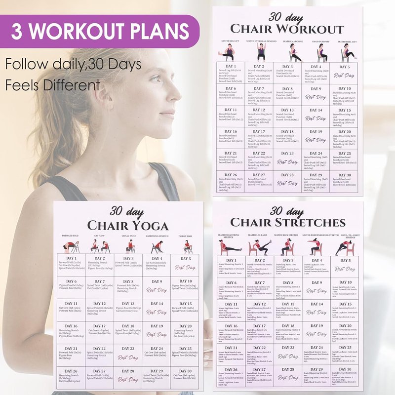 Karlaris 30-Day Chair Yoga Chart Set - 6-Pack Office Workout Posters for Seniors | Gentle Stretching & Seated Exercises