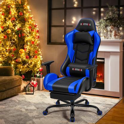 ECOTOUGE PC Massage Gaming Chair with Footrest Ergonomic Office Desk Chair Racing PU Leather Recliner Swivel Rocker with Headrest and Lumbar Pillow, Blue