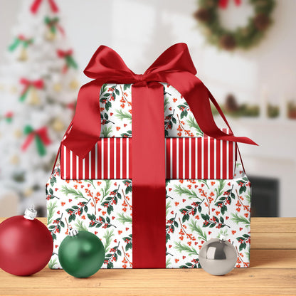 LaRibbons Reversible Christmas Wrapping Paper Roll, Vintage Red Berries & Red Stripe Gift Wrap for Christmas, Season Party, Xmas, 17 Inch x 33 Feet