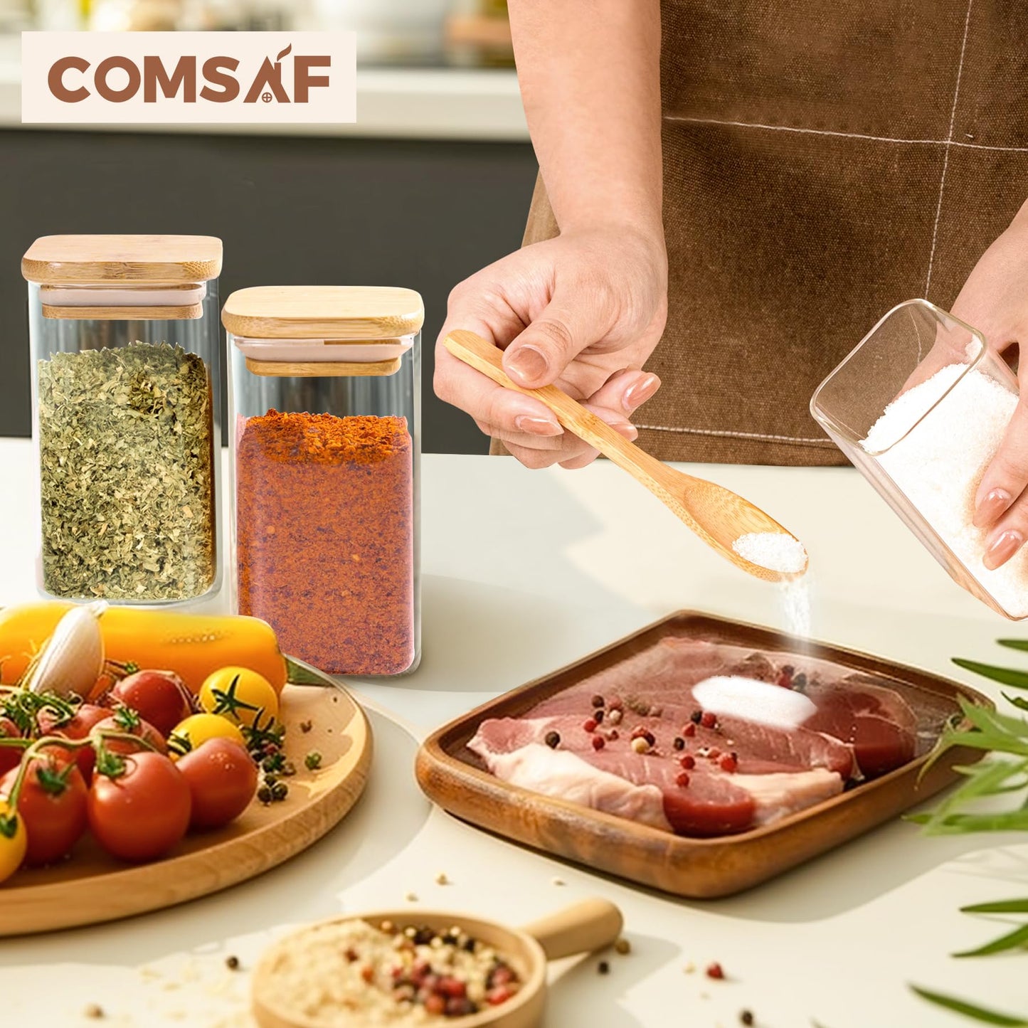 ComSaf 6Pcs 240ml Glass Spice Jars with Lids and Label, Glass Spice Bottle with Bamboo Lids Supplementary Set, Small Spice Container, Perfect for Ktichen Starter
