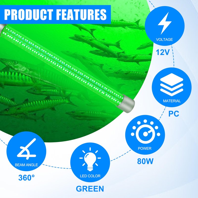 AGOOL Underwater Green Fishing Light Super Bright 80W 40000 Lumens 12V LED Deep Drop Night Fishing Light Submersible Fishing Bait Finder Shrimping Lights for Snook Crappie Shrimp Squid Fish