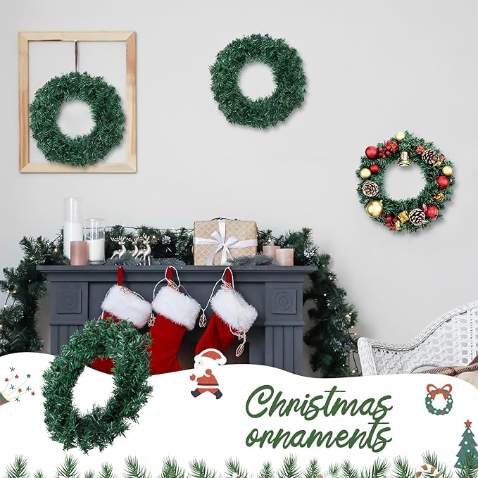 Zeyune Christmas DIY Green Wreath 14 Inch Artificial Christmas Wreaths Faux Plain Wreaths for Decorating Front Door Window Room Farmhouse Xmas Party Indoor Outdoor(Classic,8 Pcs)