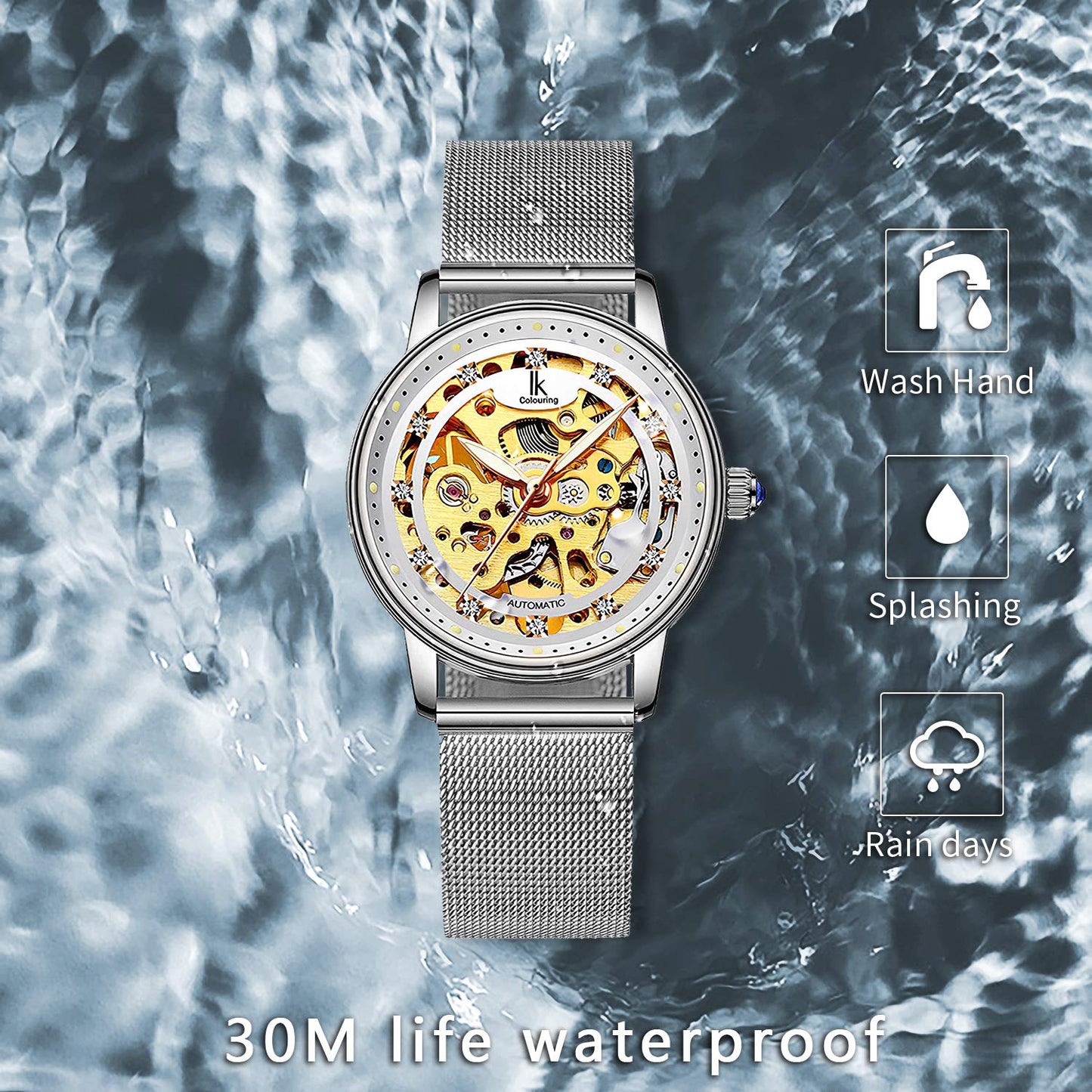 Gute Women's Watch Luxury Mechanical Stainless Steel Skeleton Steampunk Automatic Self Winding Mesh Band Wristwatch