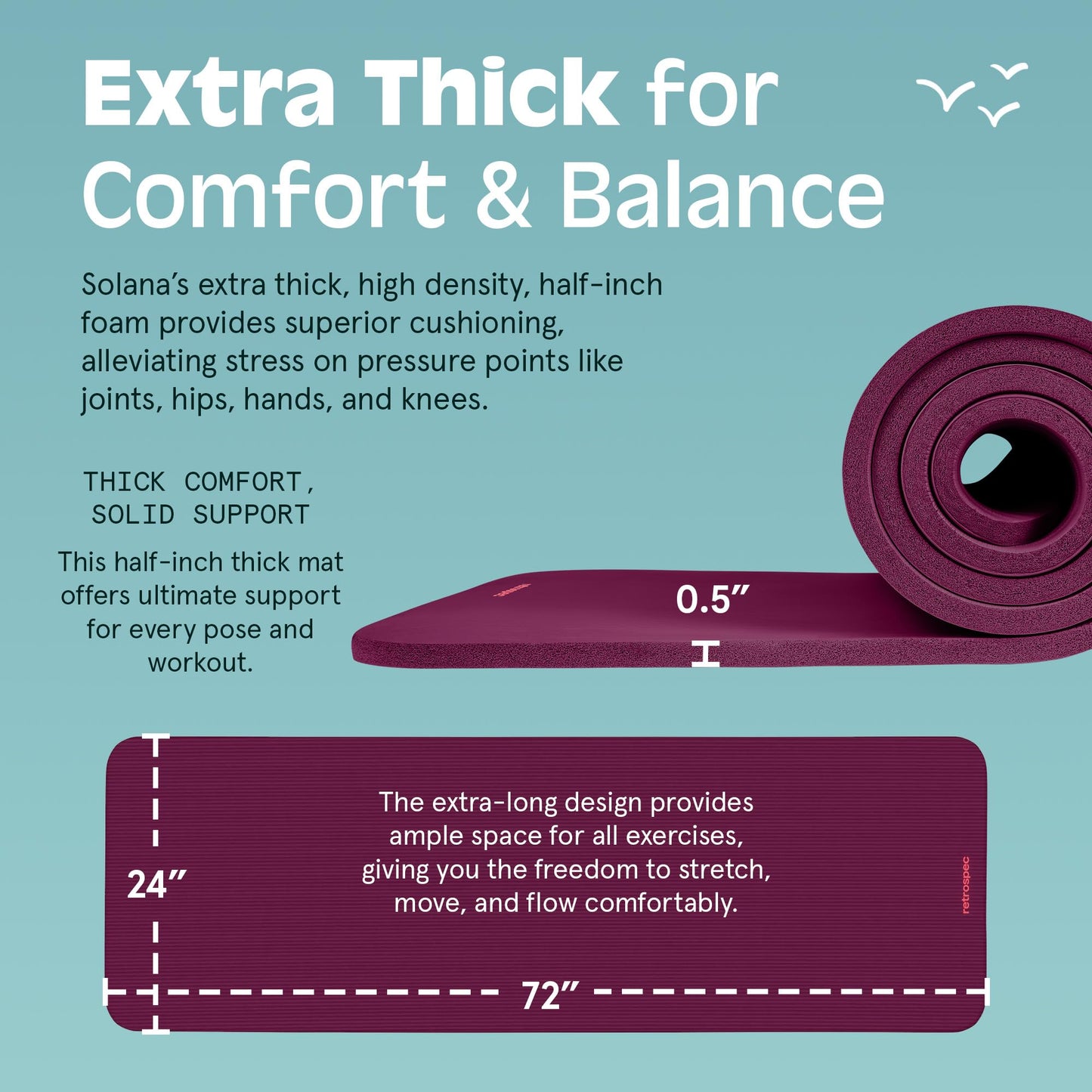 Retrospec Solana Yoga Mat 1/2" Thick w/Nylon Strap for Men & Women - Non Slip Excercise Mat for Yoga, Pilates, Stretching, Floor & Fitness Workouts
