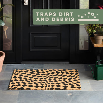 TOWN & COUNTRY TERRA Emmett Groovy Checkerboard Door Mat, Natural Coir, Heavyweight, Non-Slip Entryway Mat, Black, 24"x36"