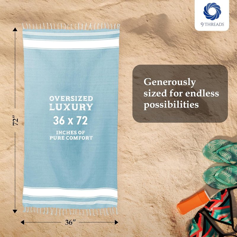 Oversized Cotton Turkish Beach Towel - Extra Large Quick-Dry Pool Towel | Aqua Blue, 36"x72" (4 Pack)