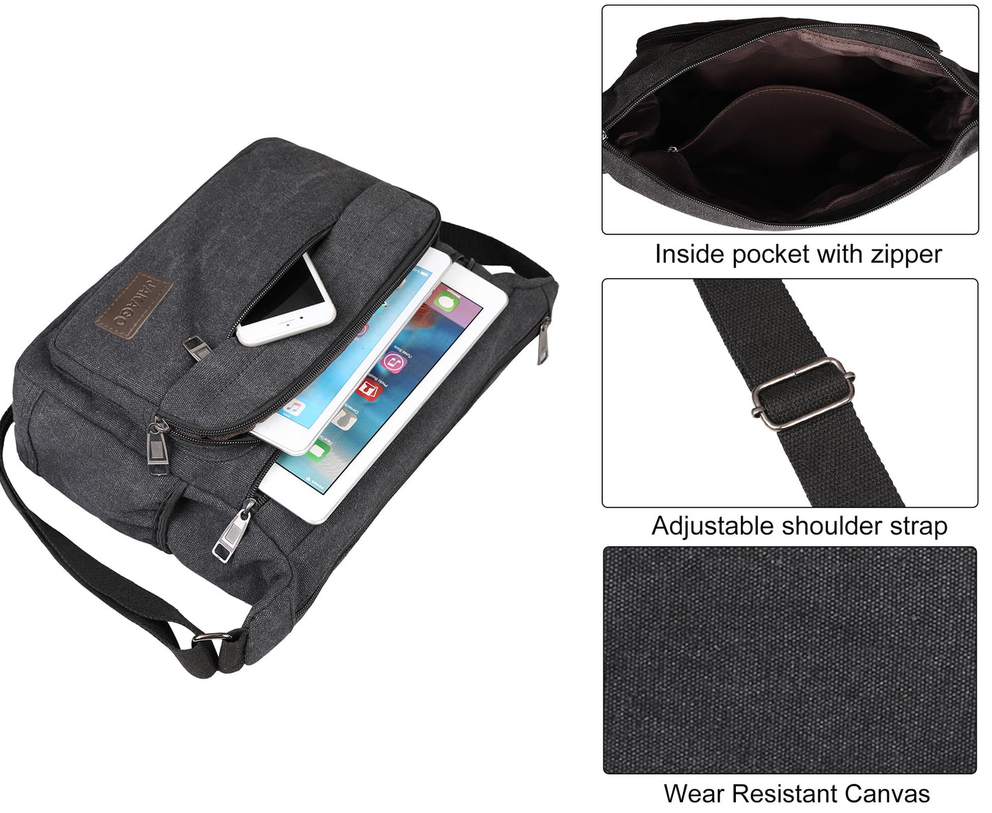 JAKAGO Messenger Shoulder Bag 13 Inch, Multi Pockets Canvas Crossbody Bag for Men/Woman,Casual Lightweight Satchel for Travel Outdoor Hiking Working Daily Use (Black)