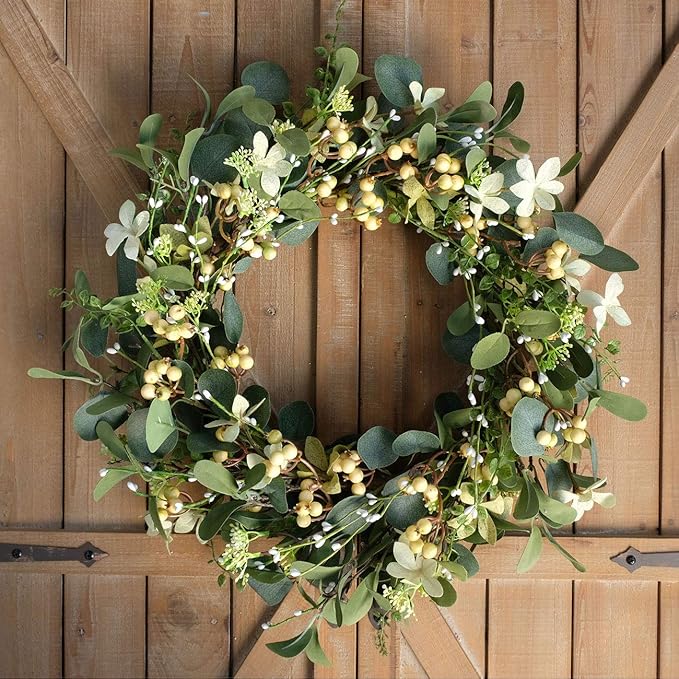 Bibelot 20Inch Artificial Eucalyptus Berry Wreath Green Leaf Eucalyptus Wreaths Spring Summer Wreath for Front Door Window Hanging Wall Party Decorations (20in)