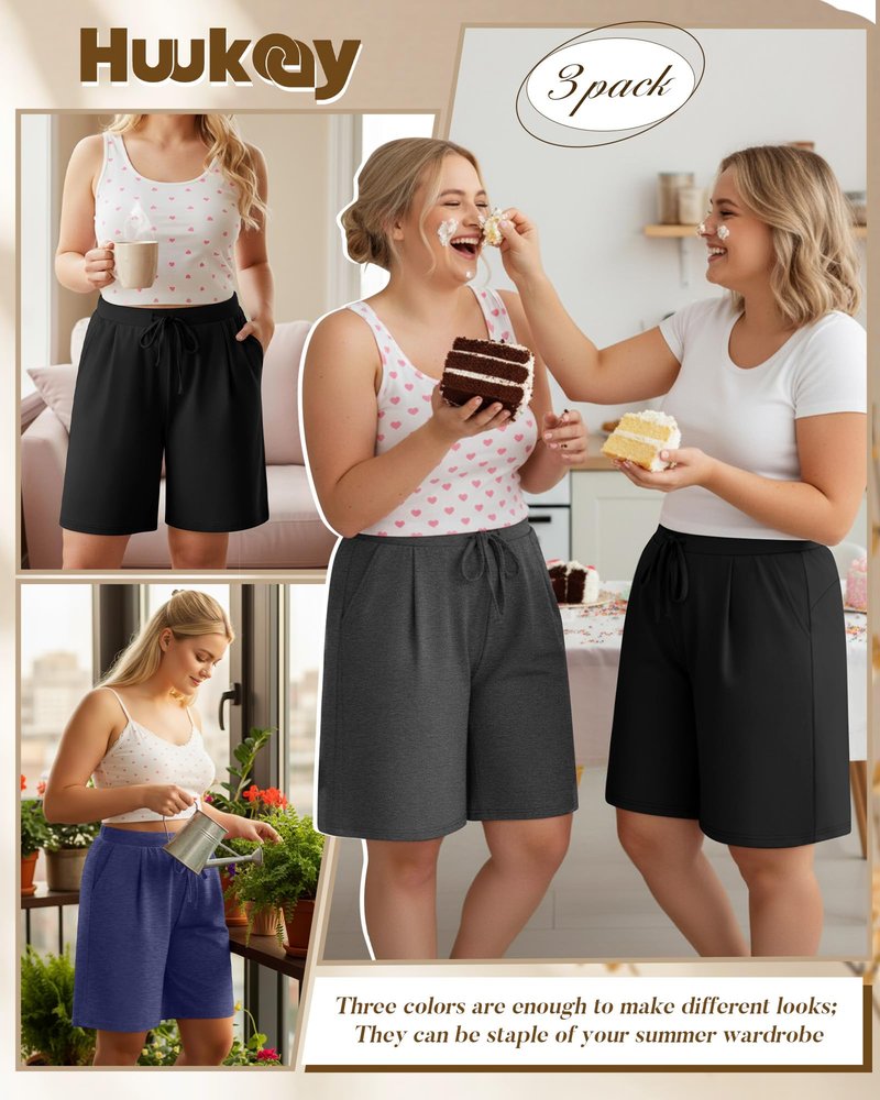 Huukeay 3 Pack Women's Plus Size Bermuda Shorts Casual Knit Drawstring Knee Length Walking Shorts with Pockets(Black,Heather Gray,Dark Blue,3X-Large)