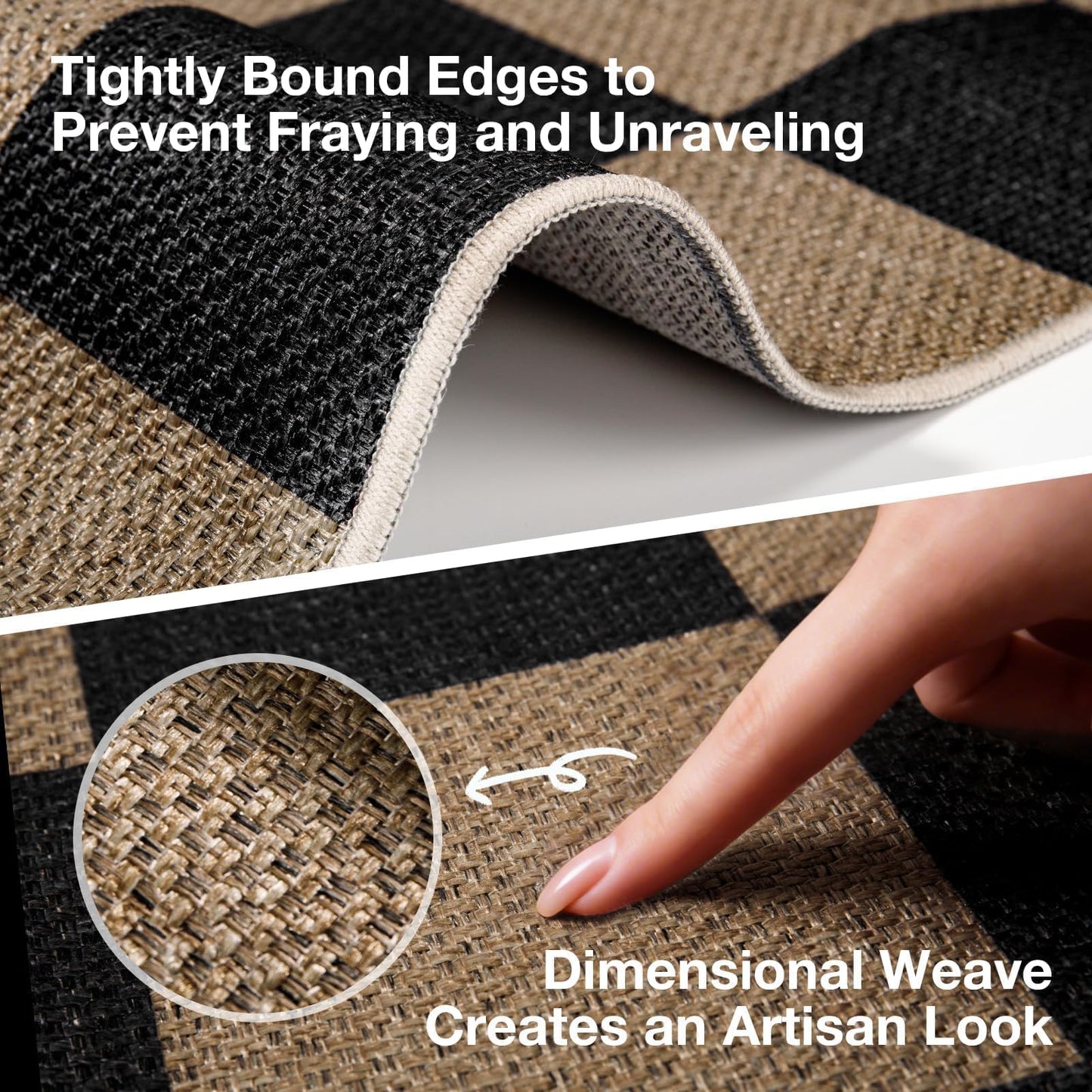 Sasttie Checkered Jute-Look Entryway Rug, 3x5 Washable Rug Front Door Mat, Non-Slip Neutral Farmhouse Throw Rugs for High Traffic Indoor & Outdoor, Natural/Black
