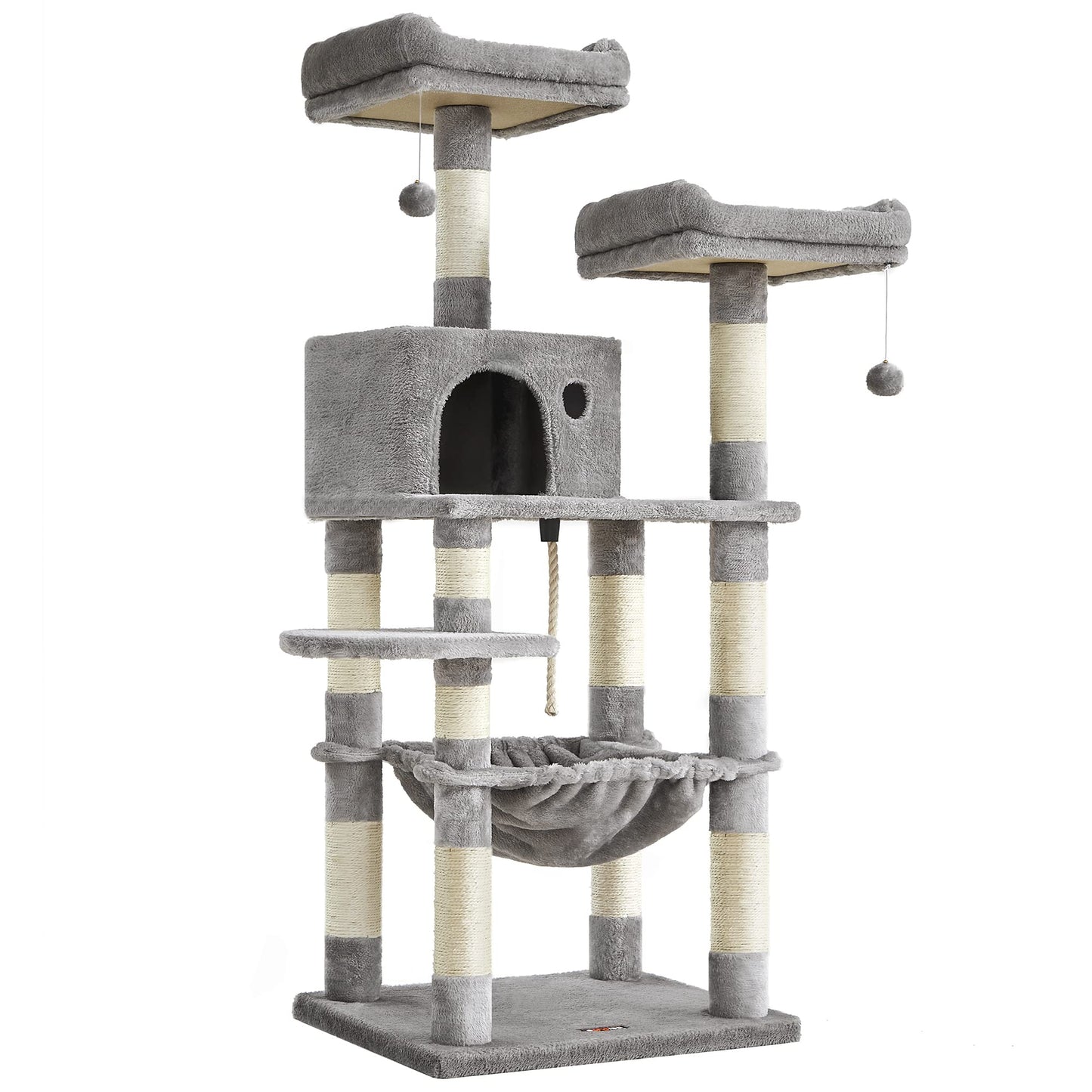 FEANDREA Cat Tree, Cat Tower for Indoor Cats, 56.3-Inch Cat Condo with Scratching Posts, Hammock, Plush Perch, Light Gray UPCT15W