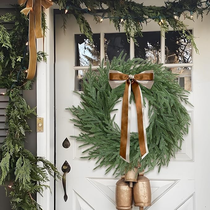 Christmas Decorations - 2 Pcs 24 Inch Christmas Wreath, Norfolk Pine Wreath, Christmas Wreaths for Front Door, Christmas Door Wreath with Bow for Outdoor Indoor with Ribbon for Home Table Wall