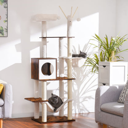 Hey-brother Wooden Cat Tree, 66.1“ Cat Furniture with Scratching Posts, Modern Cat Tower with hammocks, Toys, cat condo, Rustic Brown MPJ120SR