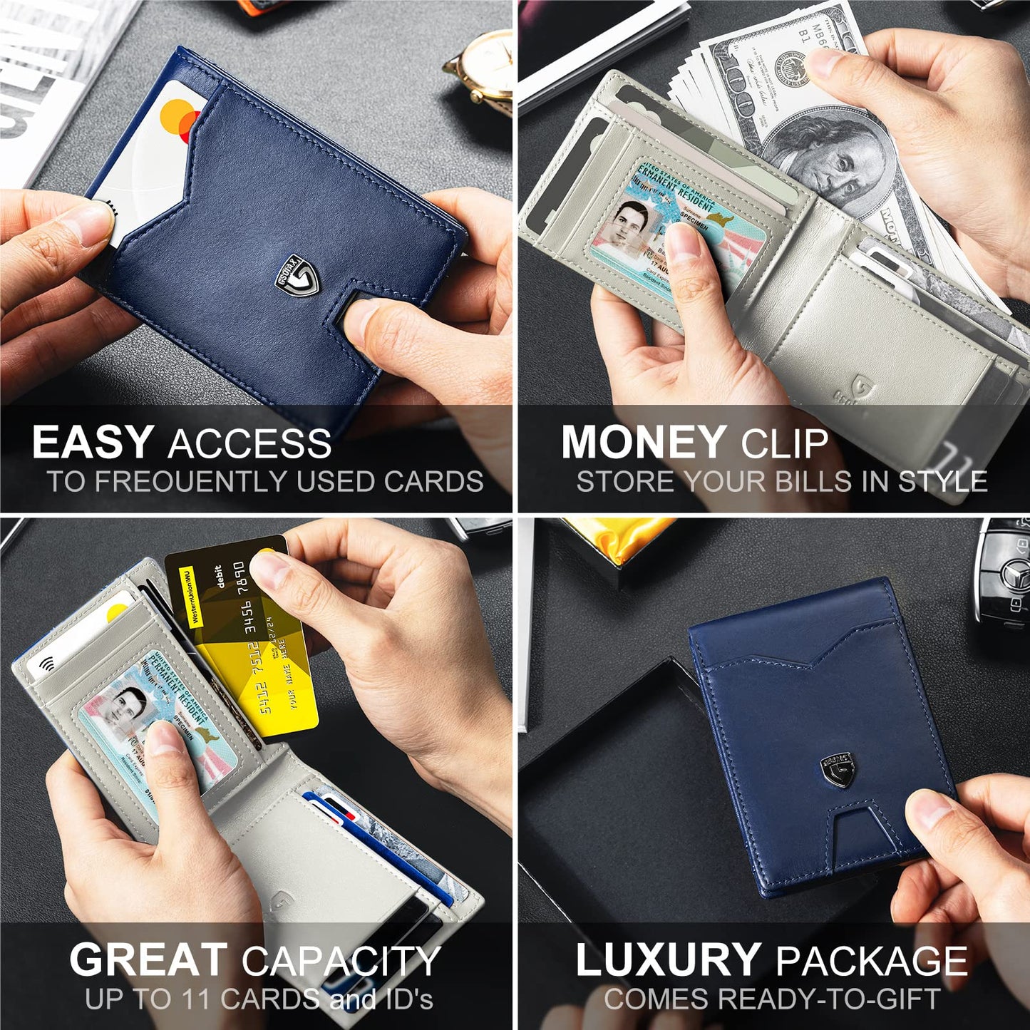 GSOIAX Mens Slim Wallet for Men Minimalist Genuine Leather Carbon Fiber Rfid Blocking Bifold Credit Card Holder With Gift Box (Dark Blue and Beige)