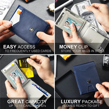 GSOIAX Mens Slim Wallet for Men Minimalist Genuine Leather Carbon Fiber Rfid Blocking Bifold Credit Card Holder With Gift Box (Dark Blue and Beige)