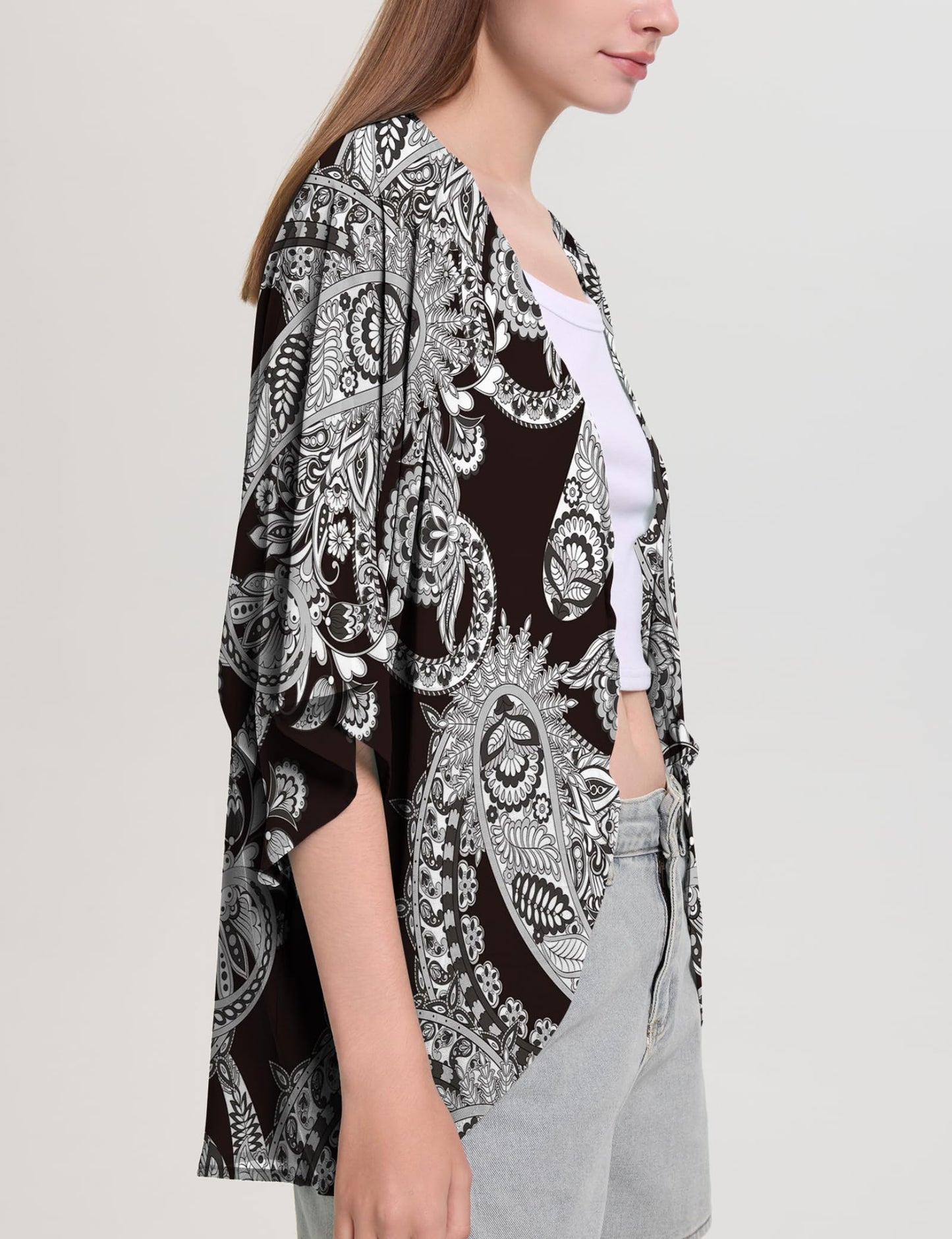 Chunoy Women Summer Paisley Short Sleeve Open Front Beach Tops Chiffon Casual Kimono Cardigan Cover Up Black Large