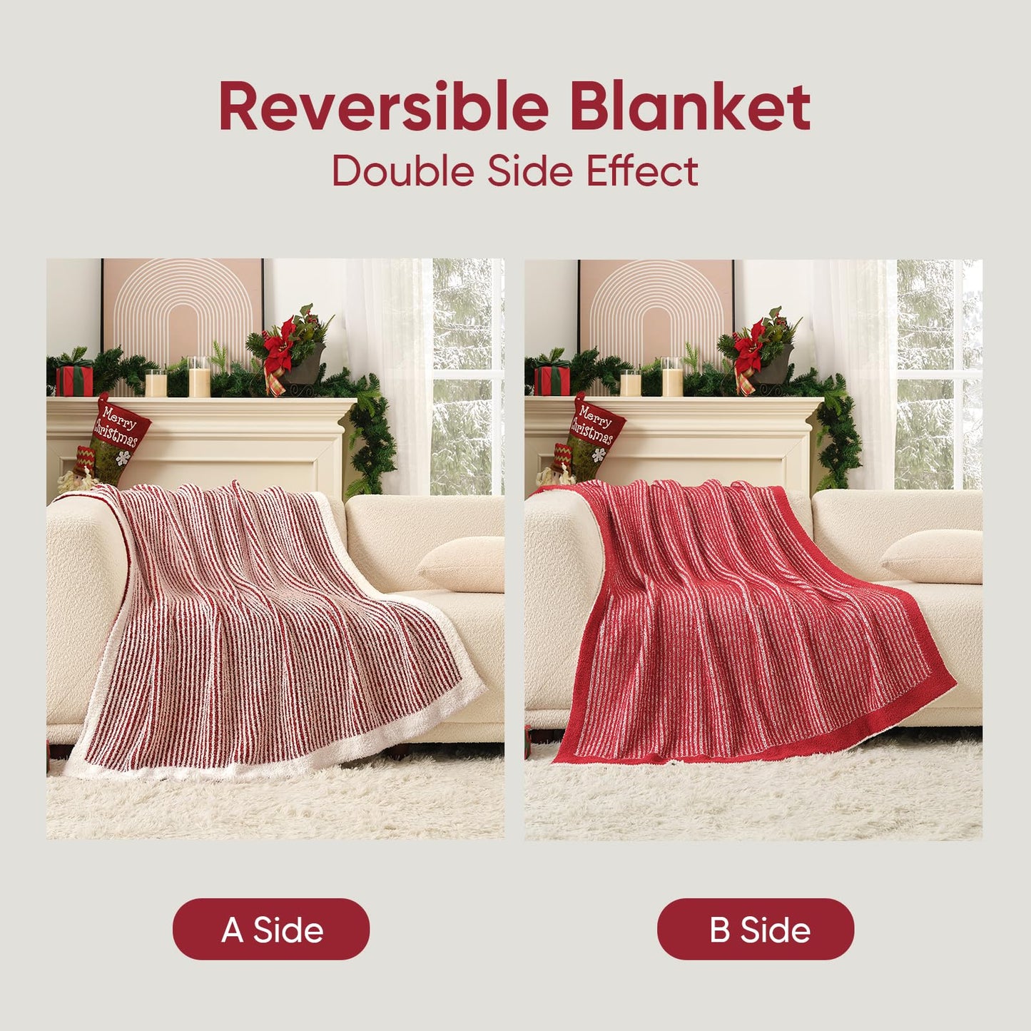 Snuggle Sac Christmas Red Soft Throw Blanket for Couch, Fuzzy Microfiber Fluffy Throws, for Women, Ultra Soft Blankets for Couch, Sofa, Bed, Travel, Red Cream, 50x60 inches