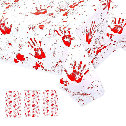 3 Pieces Bloody Handprint Tablecloth - 54x108 Inches Disposable Blood Splatter Themed Plastic Table Cover with Red Handprints for Halloween Horror-Themed Party Decorations, and Scary Movie Nights