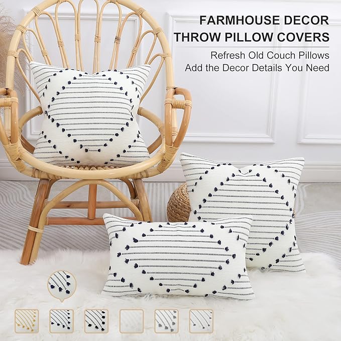 Mecatny Boho Outdoor Throw Pillow Covers 12X20 Set of 2, Farmhouse Lumbar Pillow Covers for Couch Sofa Living Room, Navy & Cream White