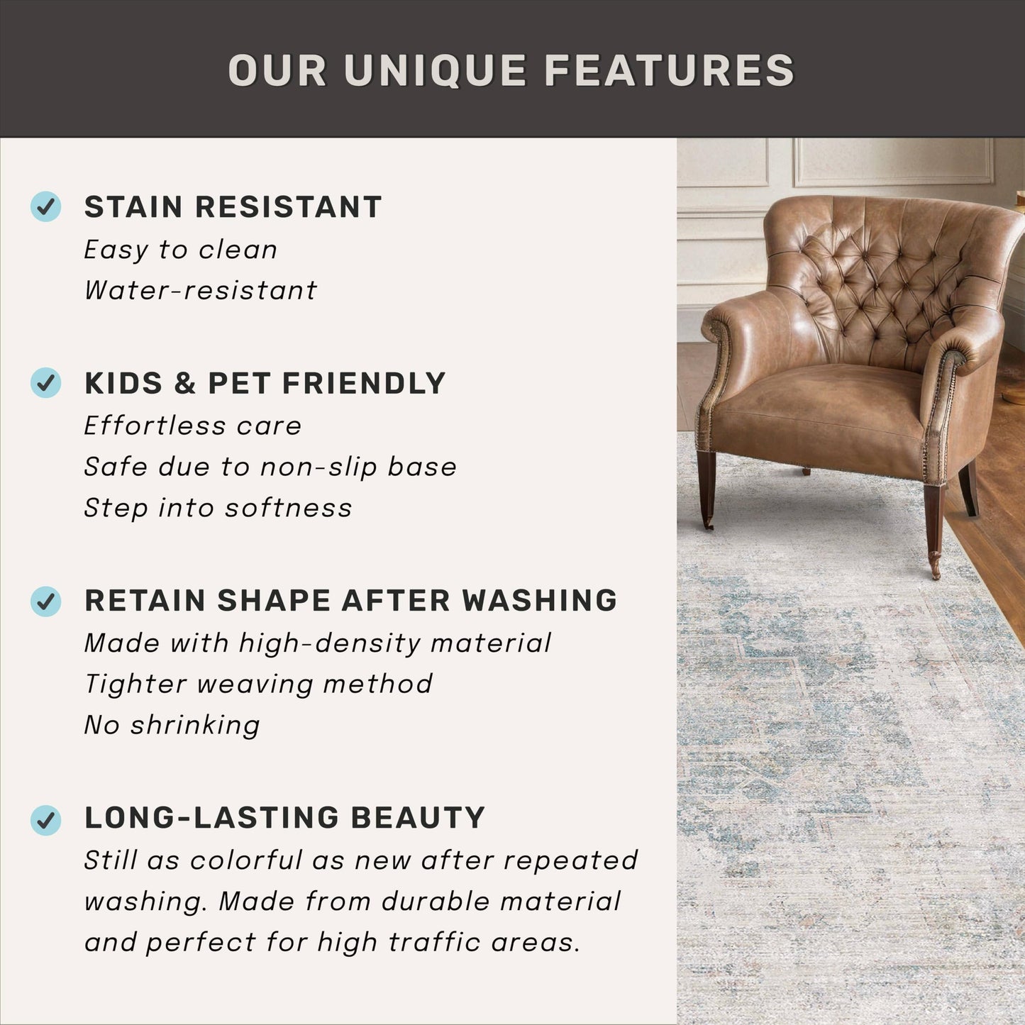 Low Pile Office Rugs for Rolling Chairs - 5x7 Abstract Rugs for Living Room, Large Entryway, Cream Slate Blue Decor, Non Slip with Rubber Backed & Stain Resistant