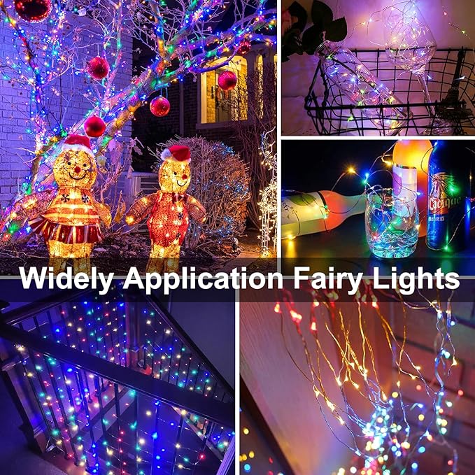 2 Pack Fairy Lights Battery Operated 200 LED 66Ft Silver Wire Starry String Lights Auto Timer 8 Modes Waterproof Mini String Lights for Outdoor Indoor Garden, Yard, Fence, Wedding Decor (Multicolor)