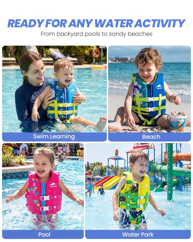 Gogokids Toddler Swim Vest, Premium Swim Vest for Kid Swimming Jacket for 30-40-50-60-70-80 Lbs Girls and Boys, Toddler Floaties Swimming Aid with Dual Safety Strap for 2-9 Years in Pool/Puddle/Beach