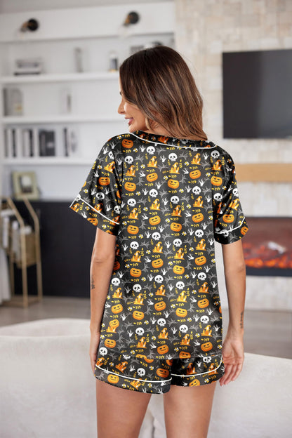 Ekouaer Silk Pajama for Women Short Sleeve Satin Pj Set Two Piece Soft Sleepwear Loungewear, Black Pumpkin & Spider Web, M