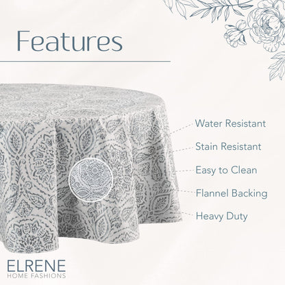 Elrene Home Fashions Savannah Boho Paisley Water- and Stain-Resistant Vinyl Tablecloth with Flannel Backing, 70 Inches X 70 Inches, Round, Gray
