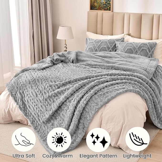 PHF Fluffy Sherpa Blanket Twin Size for Winter, Warm and Soft, 510GSM 3D Jacquard Thick Shaggy Fleece Plush Blanket for Sofa Bed, Grey, 60"x80"