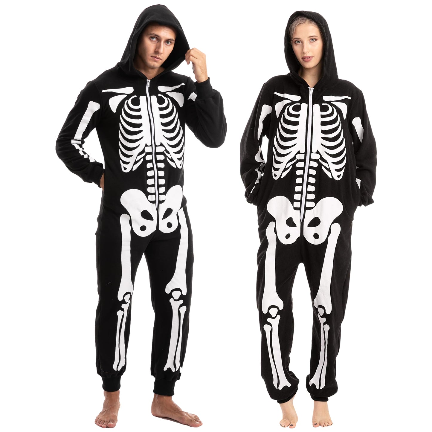 Spooktacular Creations Halloween Skeleton Pajama, Adult Skeleton Costume, Unisex Adult Jumpsuit Plush Hoodie, One-piece Zipper Pajama for Men Women Halloween Dress-up Cosplay Costume Themed Parties