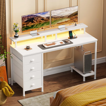 Furologee 47 Inch Computer Desk Gaming with 4 Fabric Drawers with Power Outlets and LED Lights for Home Office with Full Monitor Stand and Shelf Study Table for Small Spaces White