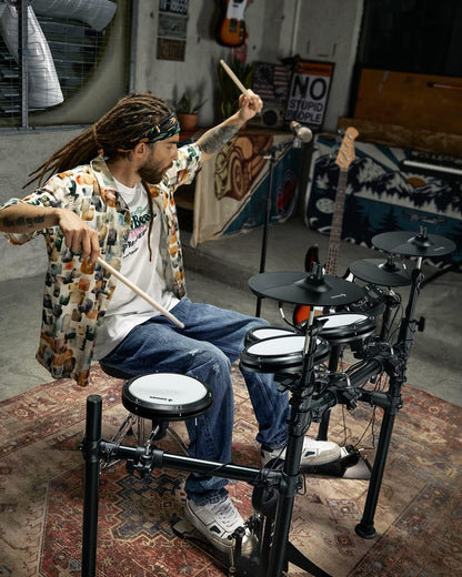 Donner DED-200X Electronic Drum Set, Electric Drum Kit with Quiet Mesh Drum Pads, 2 Cymbals w/Choke, 31 Kits and 450+ Sounds, Throne, Headphones, Sticks, USB MIDI, Melodics Lessons (5 Pads, 4 Cymbals)