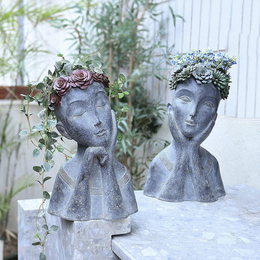 Newman House Studio Head Planter Girl Sculpture Large Face Flower Pot Succulents Cactus Pot for Home Garden Decor, Set of 2