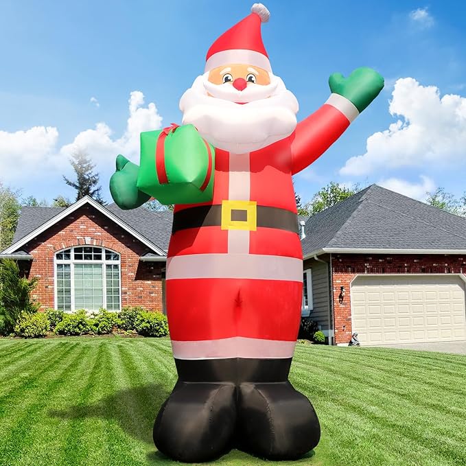 10 FT Christmas Inflatable Santa Claus Outdoor Decorations, Blow Up Santa Claus Holding Gift Box for Xmas Outside Decor, Giant Santa with Bright LED Lights for Yard Patio Garden Lawn Holiday Party