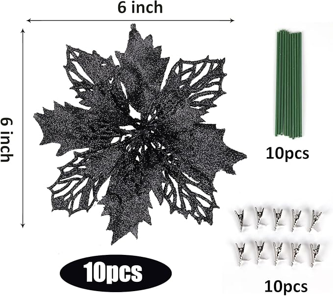 RECUTMS 10 Packs Christmas Glitter Poinsettia Flowers Artificial Christmas Flowers Decorations Wedding Xmas Tree New Year Ornaments Xmas Garland Wreath DIY Decorations Supplies(Black)