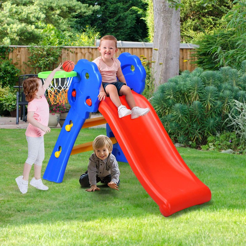 KOTEK Folding Toddler Slide for Indoor and Outdoor, Freestanding Plastic Baby Slide Climber Playset, Easy to Store, Anti-Slip Steps, Kids Playground Toy Ages 3-5 (Blue with Basketball Hoop)